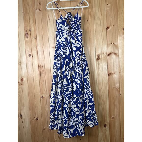 NWT Sz M Mykonos Memories Blue and Ivory Abstract Maxi Dress With Pockets - Picture 3 of 6